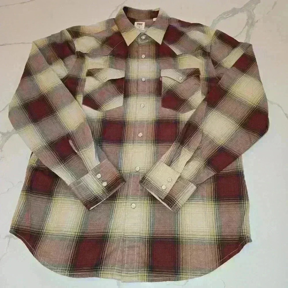 Levi's Plaid Snap Button Down Long Sleeve Shirt Red Size Medium - Picture 2 of 11